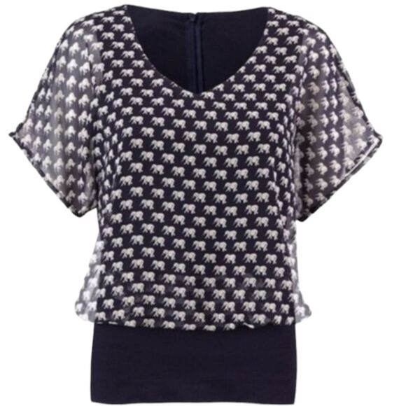 Cabi 5345 Blouse Elephant Parade  Print Navy Blue White Short Sleeve Sheer S - Picture 3 of 12